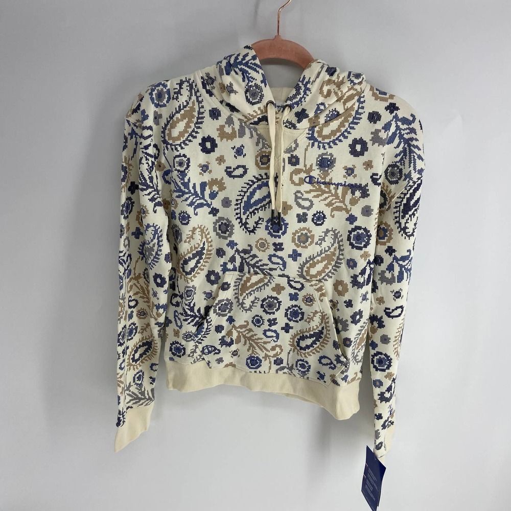 Champion cream paisley Terry light long sleeve hooded sweatshirt womens xs NWT
